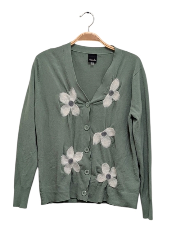 Aaeda Sweaters - Aaeda Daisy Flower Cottagecore Open Front Cardigan Medium Sage Green